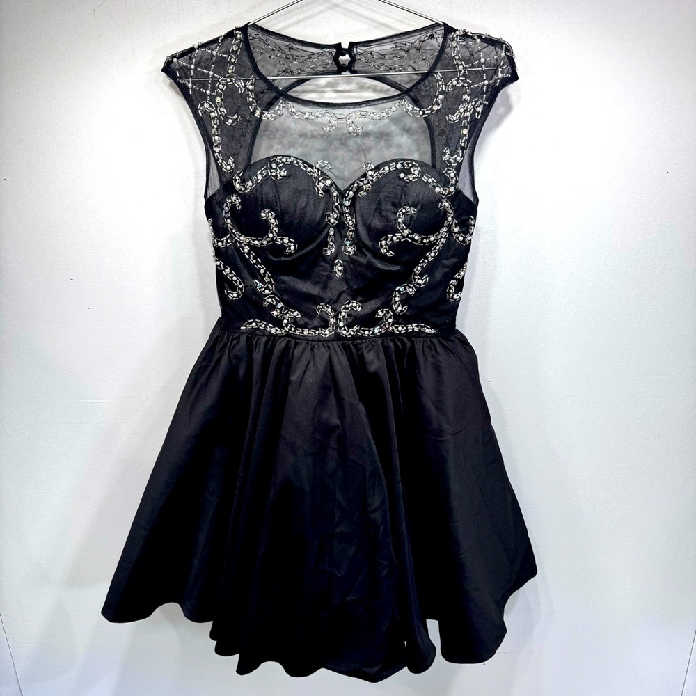 Beaded Black Mini Party Dress Illusion Neckline Chi Chi London Whimsigoth Sz 6